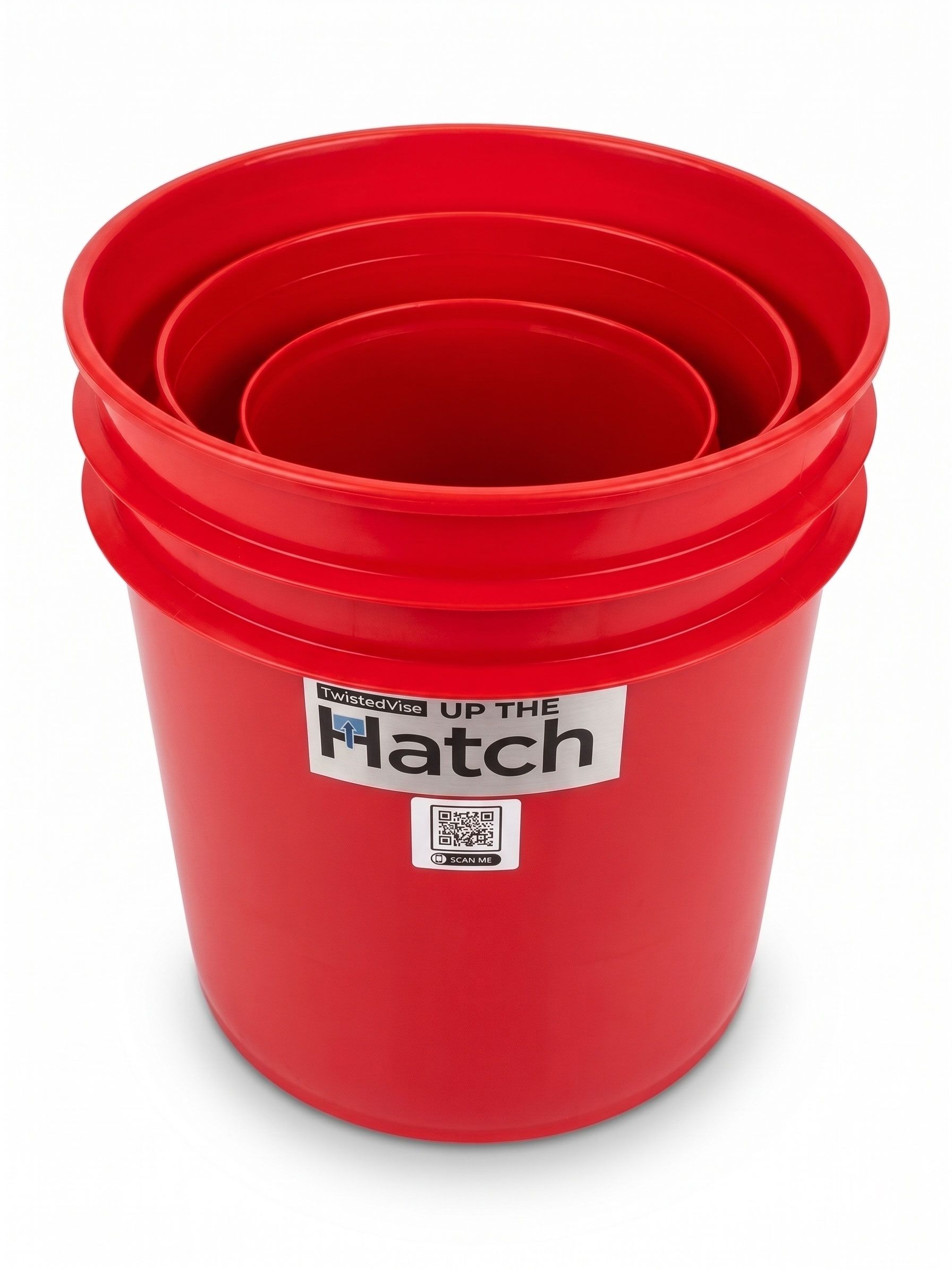 Red plastic bucket with nested smaller buckets and a Hatch label on the front