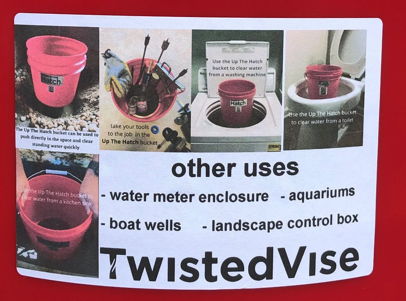 TwistedVise product ad showing red water enclosure containers and “other uses” text for aquariums and boat wells