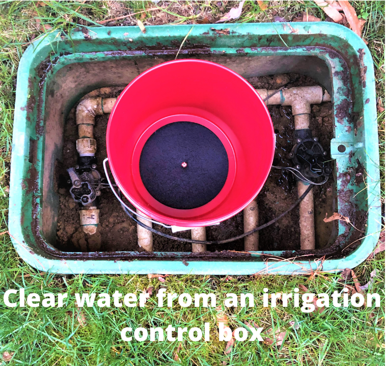 Open irrigation control box with clear water and a red bucket inside