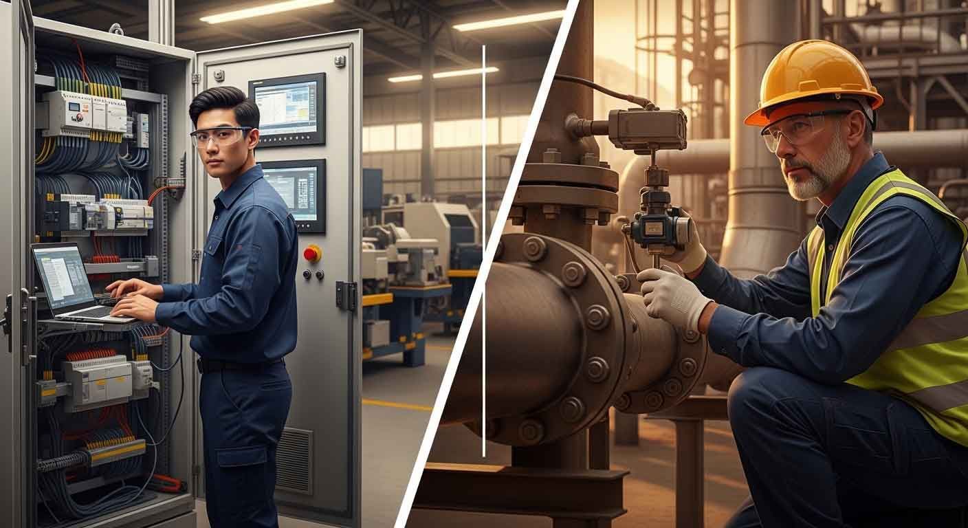 Automation technician programming a PLC control panel in an industrial facility alongside an instrumentation engineer calibrating process equipment on industrial piping
