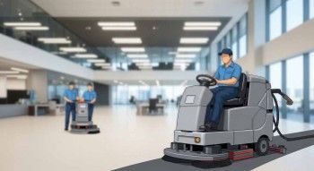 Commercial cleaning crew working in a large corporate facility with professional equipment
