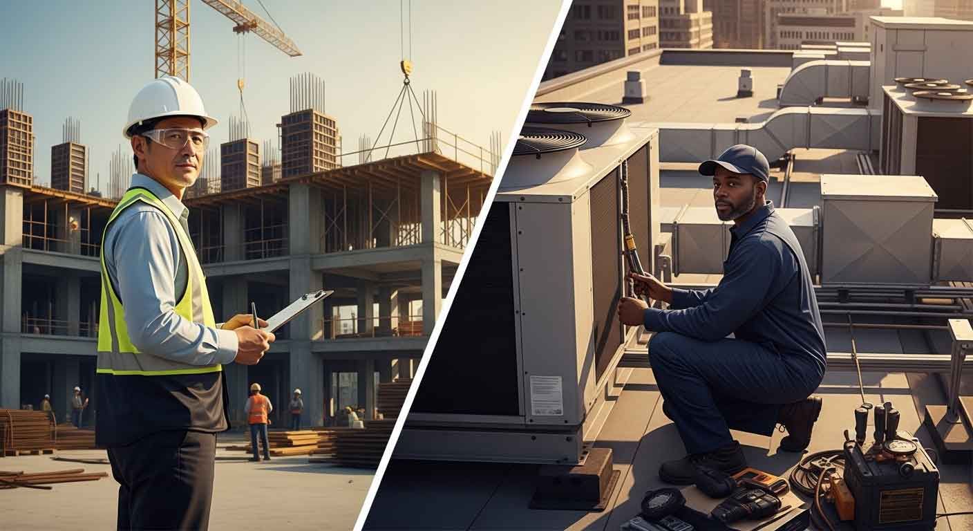 Construction superintendent overseeing an active commercial building site alongside an HVAC technician servicing rooftop air handling equipment