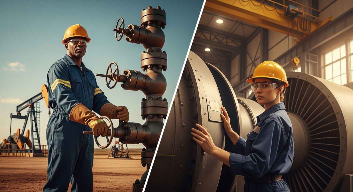 Oilfield technician operating wellhead valve controls in an active oil field alongside a power generation engineer inspecting an industrial gas turbine facility