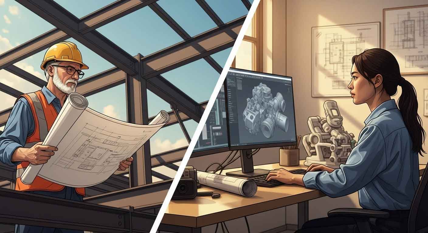 Structural engineer reviewing blueprints on a steel construction site alongside a product design engineer working on a 3D CAD model in an engineering studio