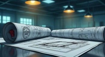 Engineering firm project portfolio showing structural drawings and scope documentation on drafting