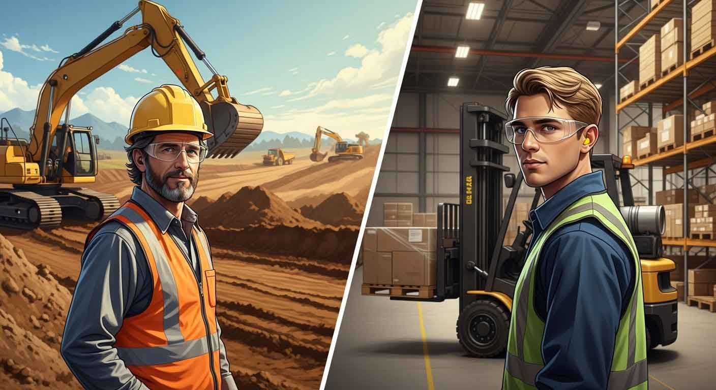 Equipment operator overseeing excavators on an active earthmoving site alongside a warehouse technician on an industrial forklift floor