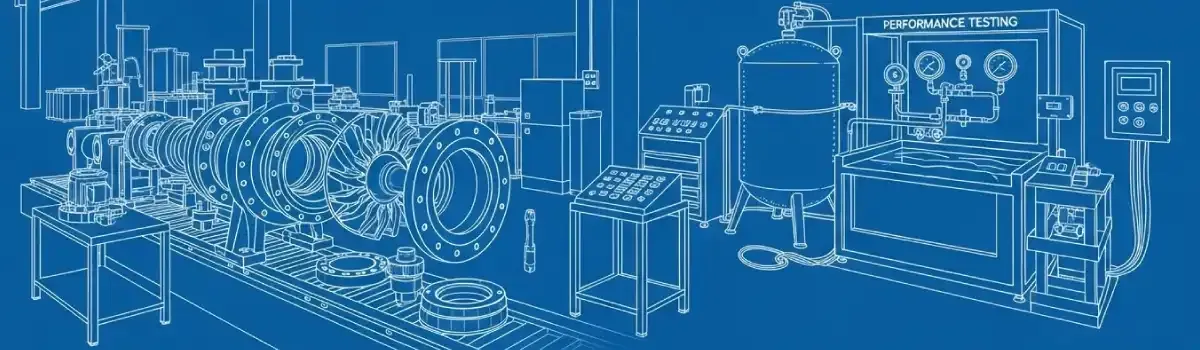 Centrifugal pump assembly showing impeller, volute casing, mechanical seals, and performance testing station in facility