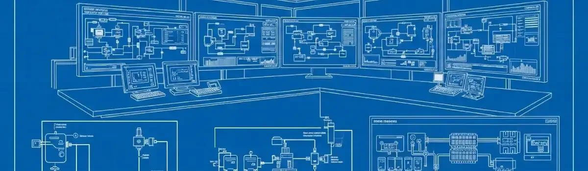 Control room with SCADA displays, process instrumentation diagrams, field transmitters, and DCS control system interface