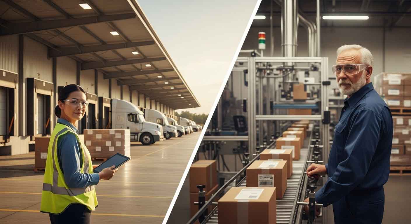 Logistics operations manager overseeing freight distribution at a truck dock alongside a packaging supervisor on an active contract packaging production line