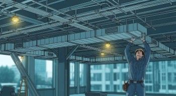 Building under construction with overhead ductwork, conduit, and piping rough-in visible
