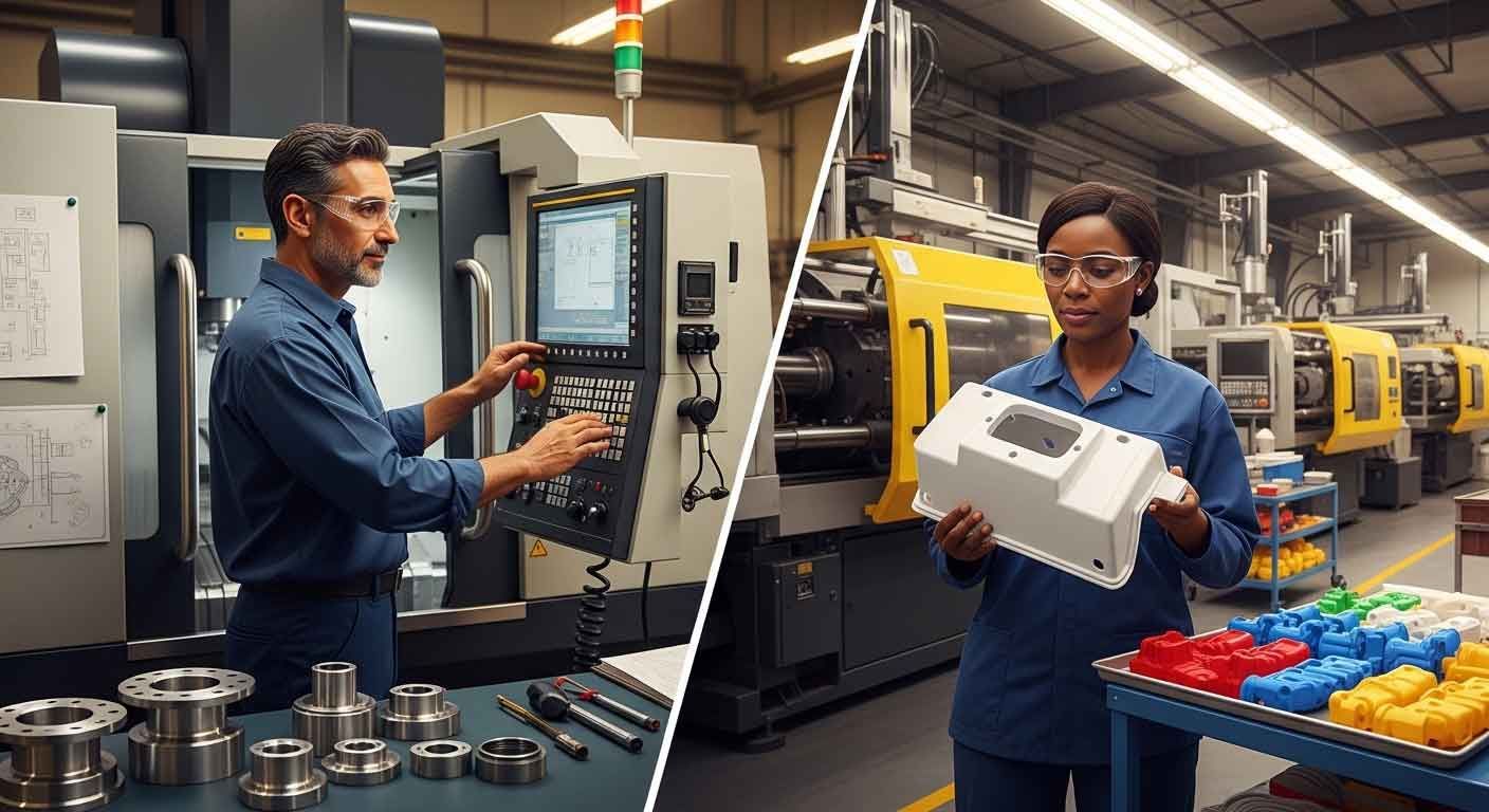CNC machinist operating a multi-axis machining center alongside a quality technician inspecting injection molded components on a plastic production floor