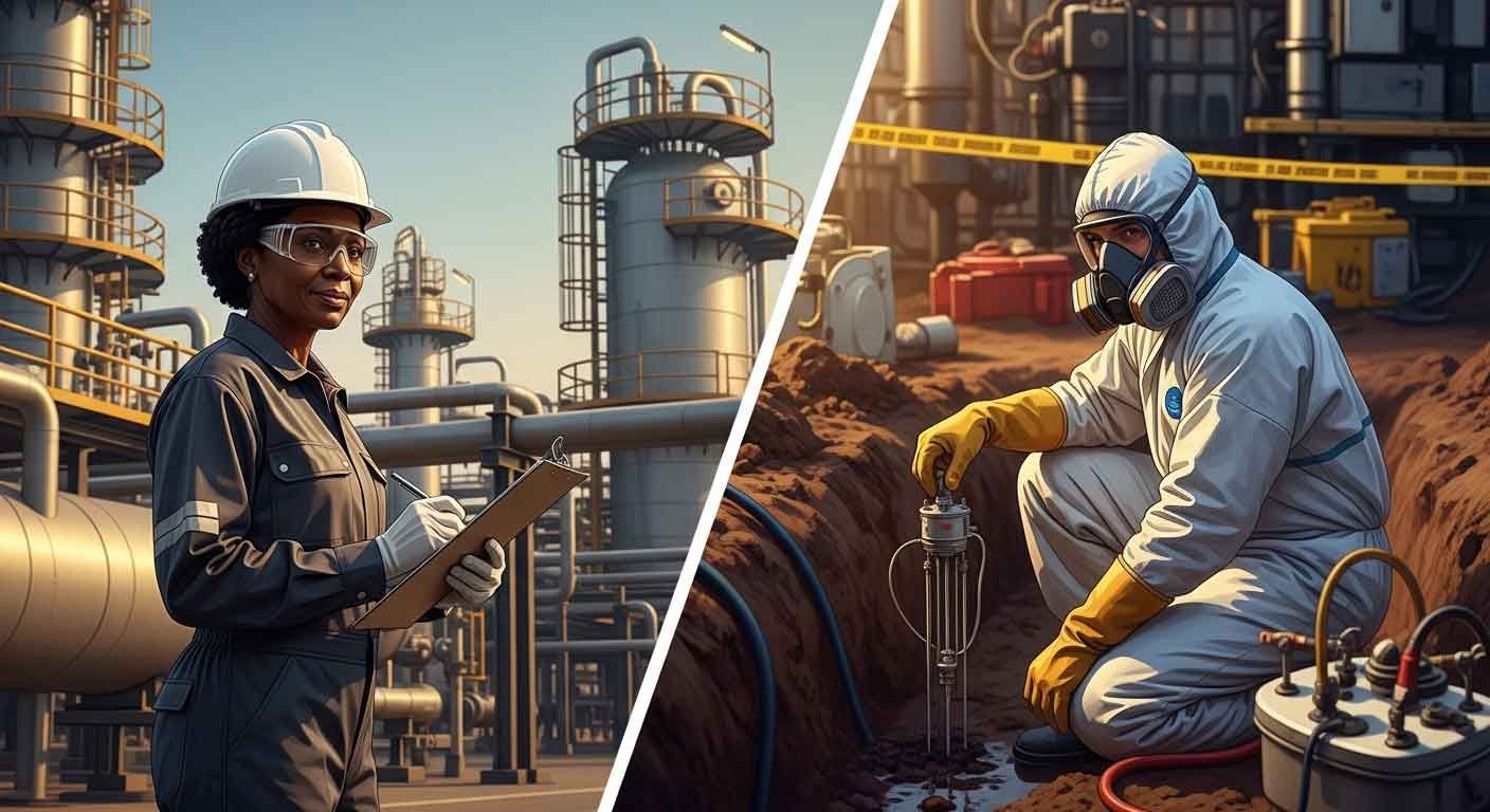 Industrial safety consultant conducting a compliance audit at a refinery alongside an environmental remediation worker in hazmat PPE at a contaminated site