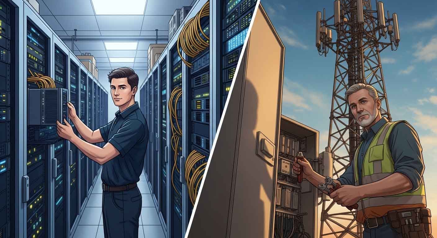  IT technician installing server hardware in a data center alongside a telecom field technician working on cell tower infrastructure equipment