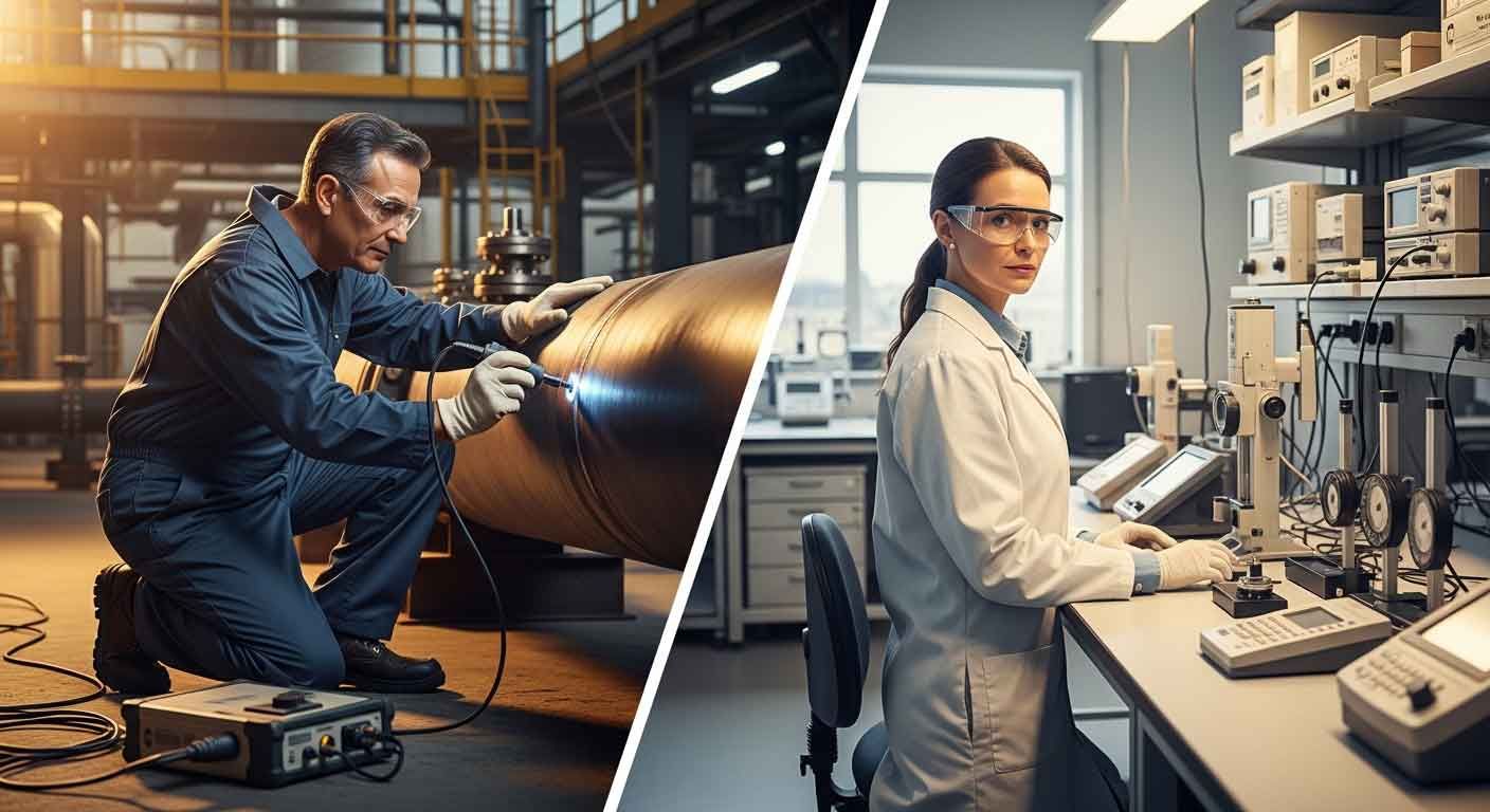 NDT technician performing ultrasonic weld inspection on industrial piping alongside a calibration lab technician working with precision measurement instruments