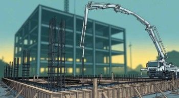 Commercial construction site with structural steel framing and crane