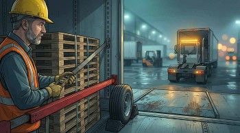 Dock lead tensioning a ratchet strap across banded pallets inside a trailer at an LTL cross-dock