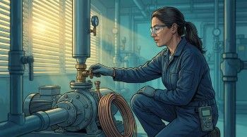 Building engineer calibrating a differential pressure sensor on a rooftop chilled water pump