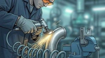 Product design engineer grinding a weld seam on a stainless steel prototype pump housing