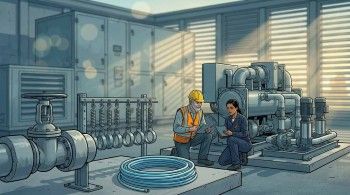 Two engineers commissioning a centrifugal chiller in a hospital rooftop mechanical penthouse