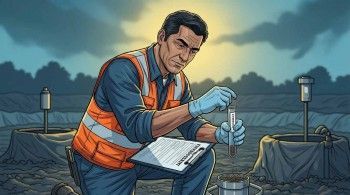 Environmental technician collecting soil samples at contaminated site with field assessment notes