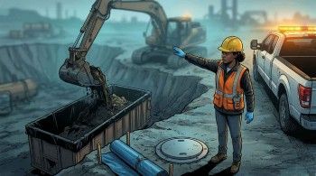 Field technician directing an excavator loading impacted soil into a lined roll-off box