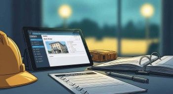 Facilities manager reviewing work order management dashboard on a tablet at a commercial building