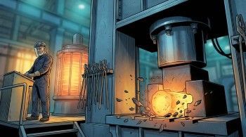 Hydraulic press forging a glowing steel billet in a closed die as the operator runs the controls