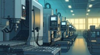 Precision CNC machined metal parts in sharp foreground focus with manufacturing floor blurred behind
