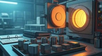 Illustrated heat treating furnace with glowing chamber and metal test samples on industrial work