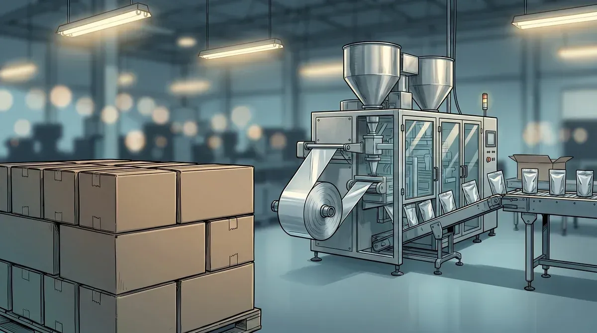 Pouch fill-seal machine feeding film and sending filled pouches down a conveyor at a co-packer