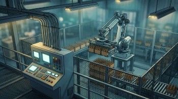 Six-axis robotic palletizing cell stacking filled cases inside a beverage bottling plant