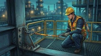 Safety officer inspecting fall protection anchor points on an elevated steel platform