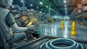 Floor care technician running a ride-on auto scrubber down a distribution center aisle at night