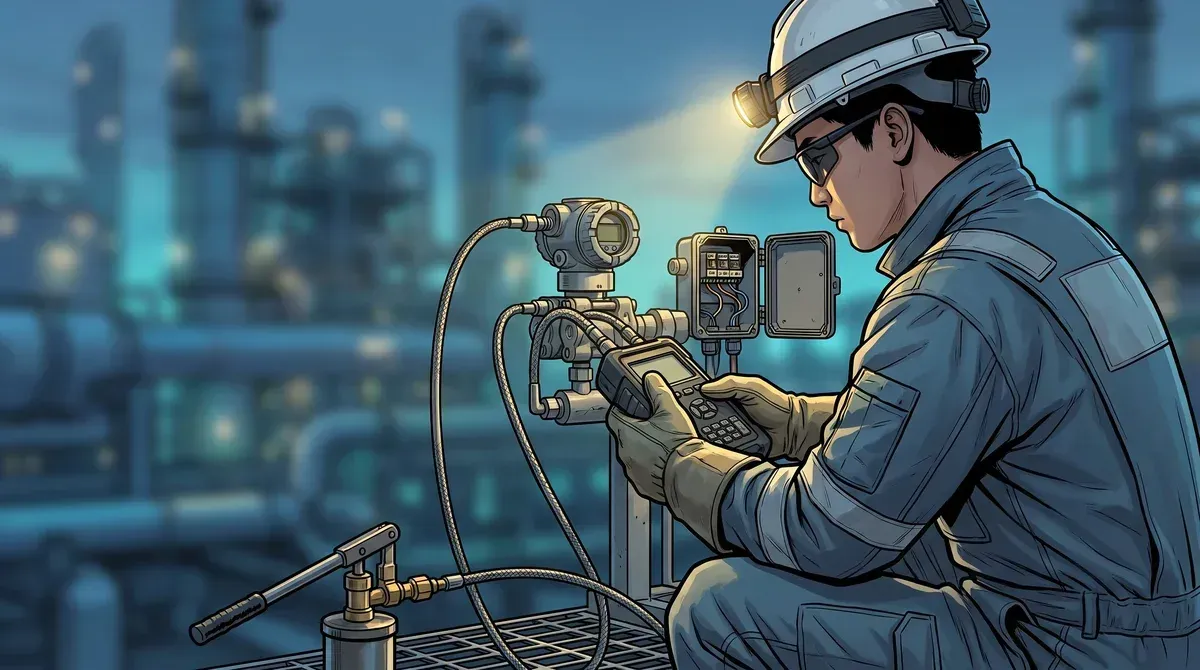 Technician calibrating a pressure transmitter with a handheld calibrator at a chemical plant