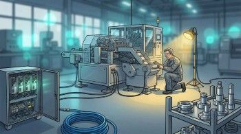 Technician commissioning a servo-driven rotary cartoner on a packaging machinery OEM test floor