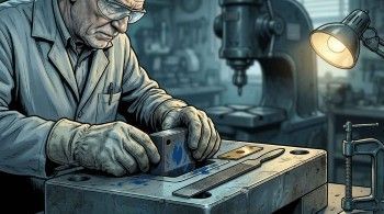 Toolmaker fitting a hardened core insert into a die shoe pocket at a tool room bench