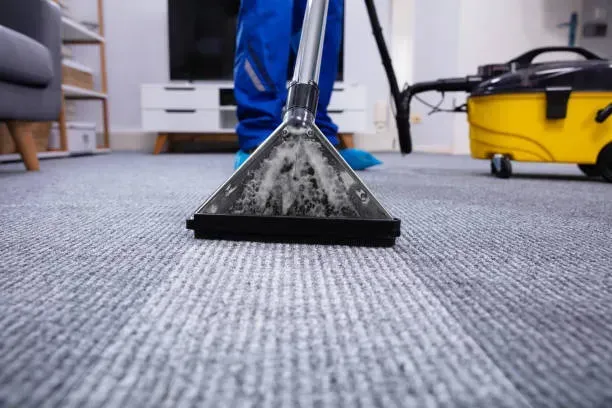A person is cleaning a carpet with a vacuum cleaner.