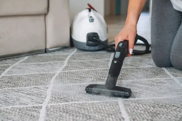 A woman is cleaning a carpet with a steam cleaner.
