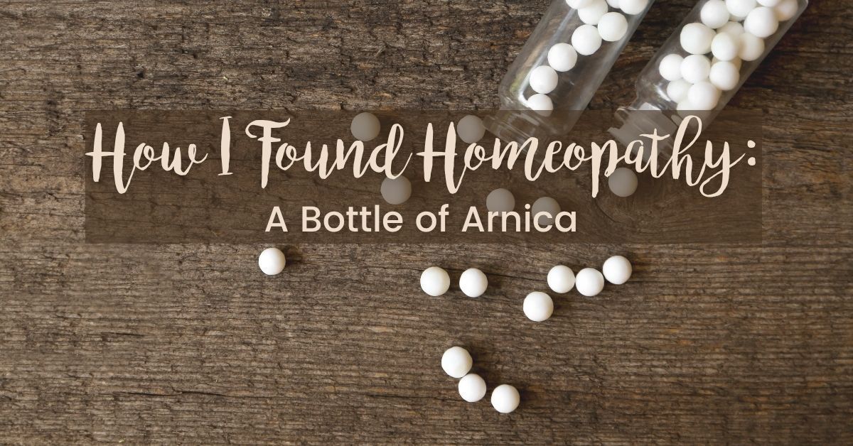 Homeopathic pellets spilled from vials on rustic wood — How I Found Homeopathy: A Bottle of Arnica