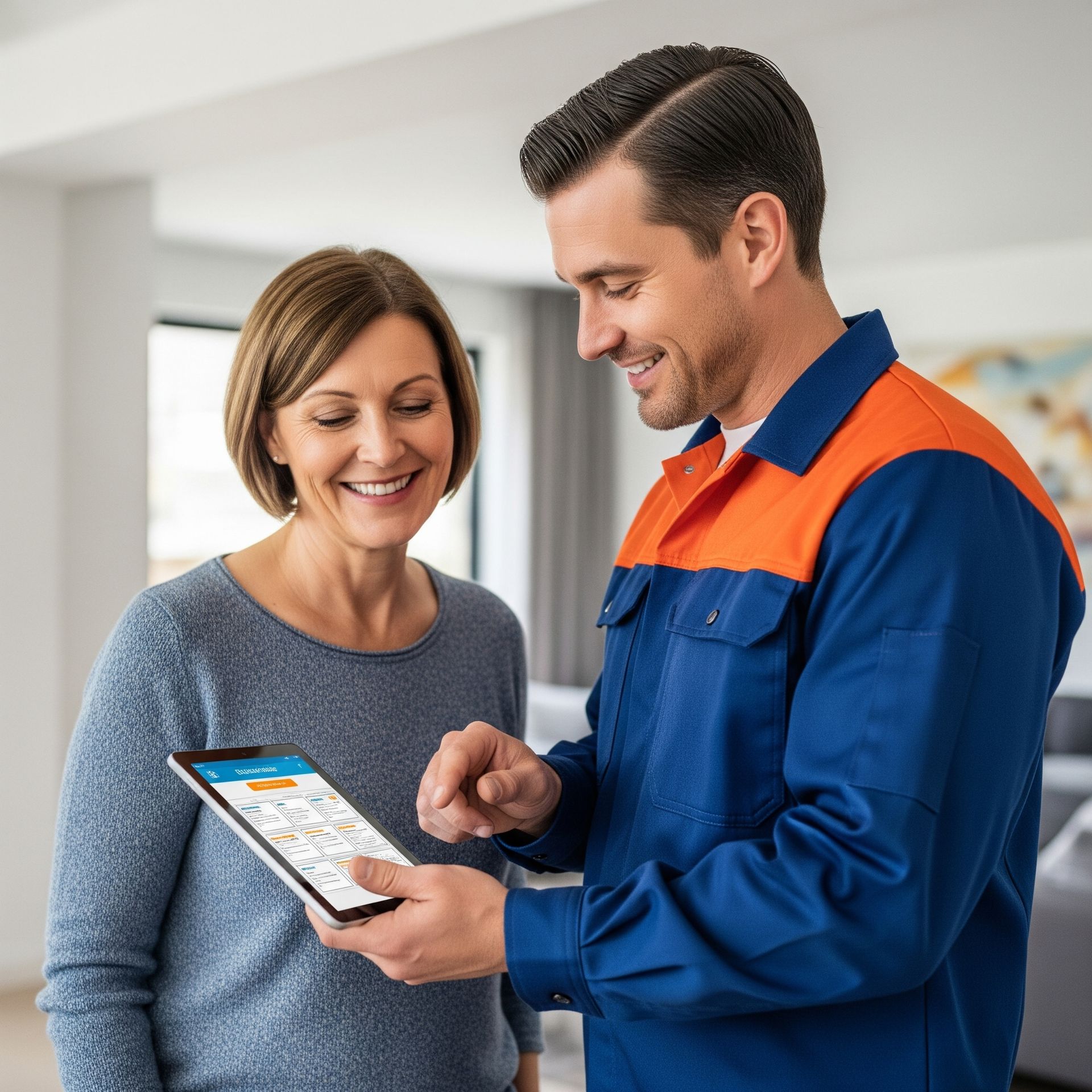A technician in a blue and orange uniform shows a tablet to a smiling woman in a home.