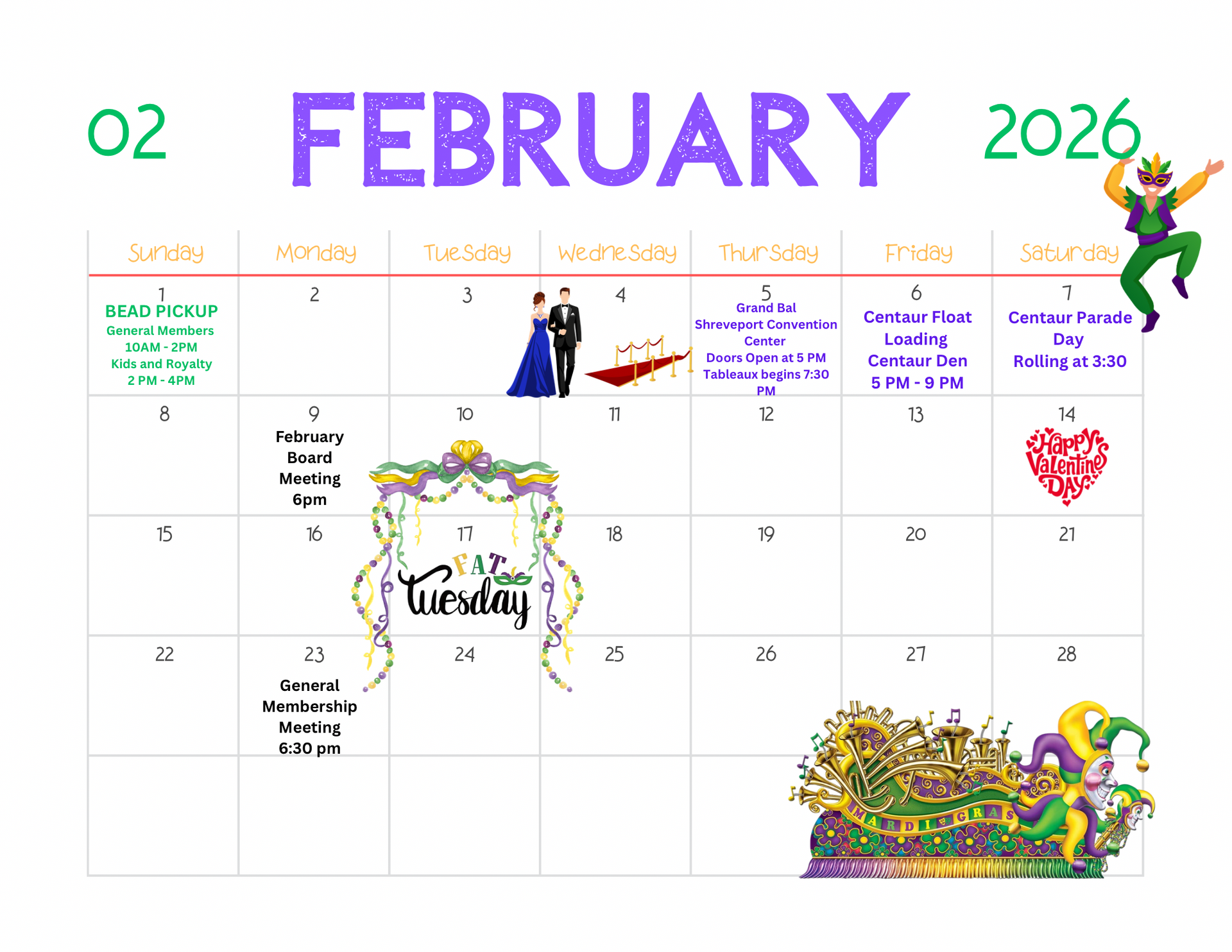 February 2026 Krewe of Centaur Calendar