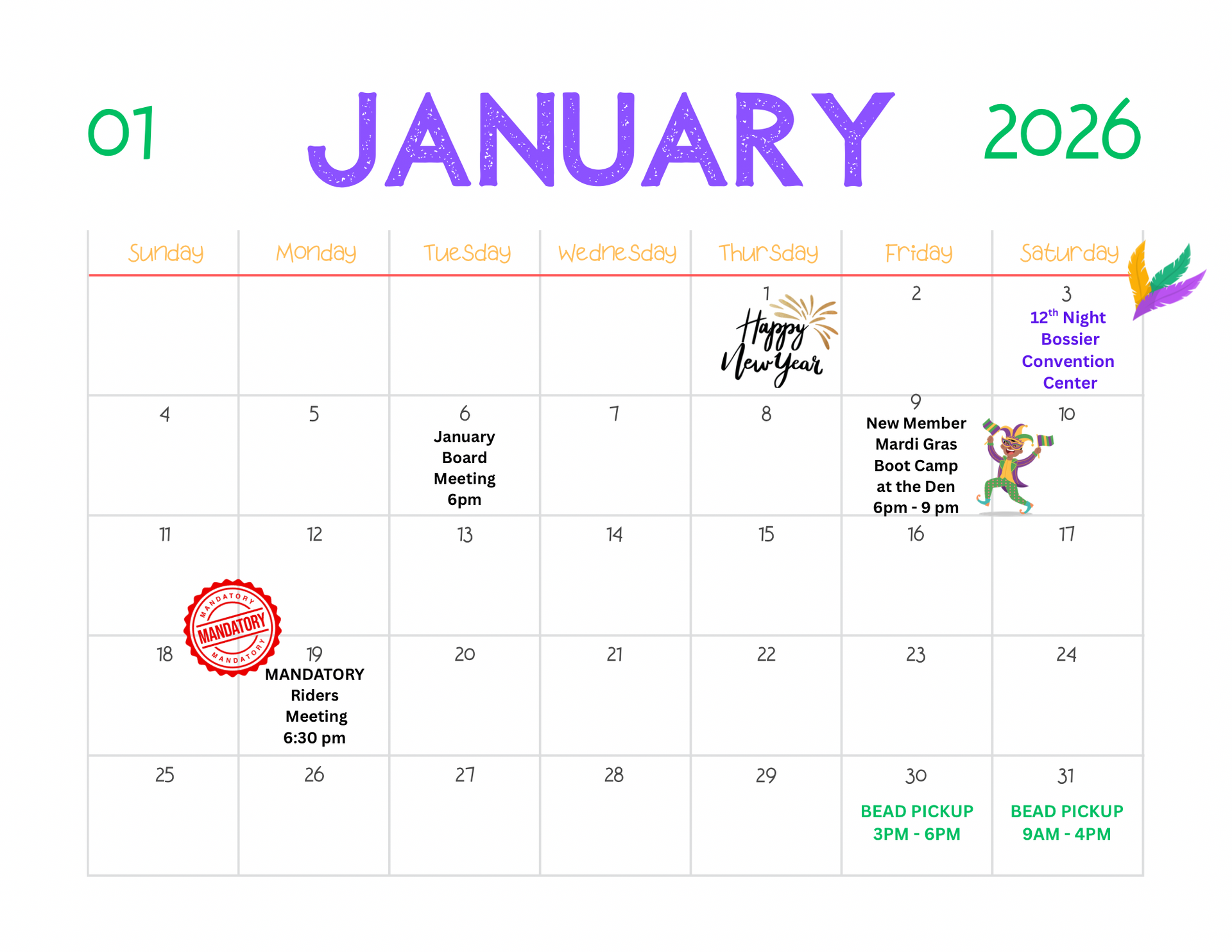 January 2026 Krewe of Centaur Calendar