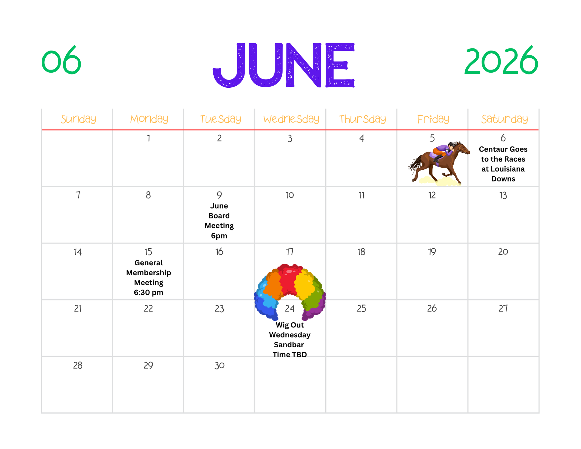 June 2026 Krewe of Centaur Calendar