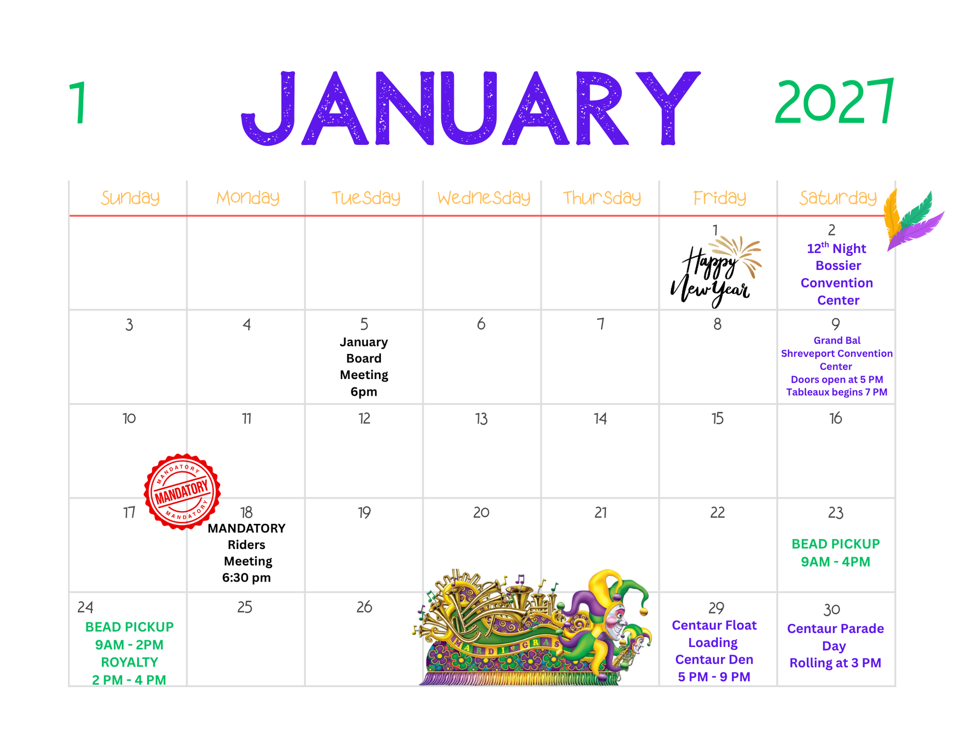 January 2027 Krewe of Centaur Calendar