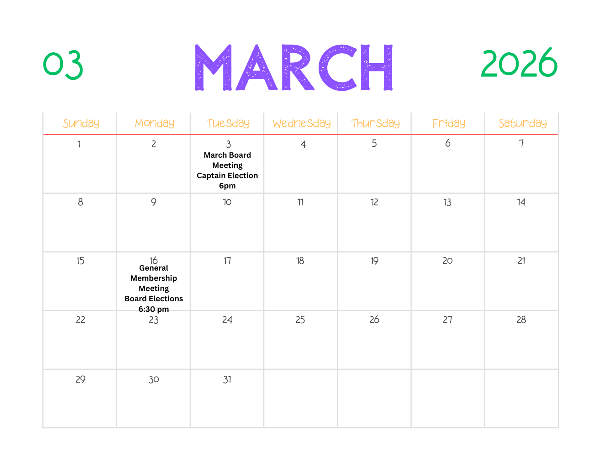 March 2026 Krewe of Centaur Calendar