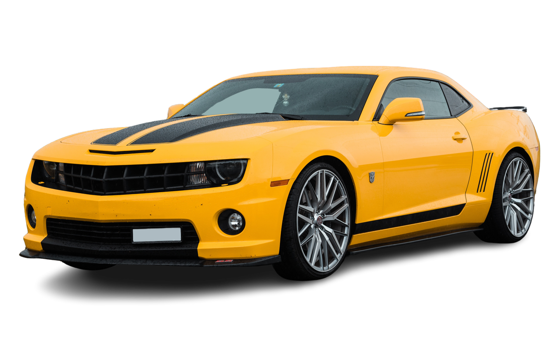 Yellow Chevrolet Camaro sports car with black racing stripes.