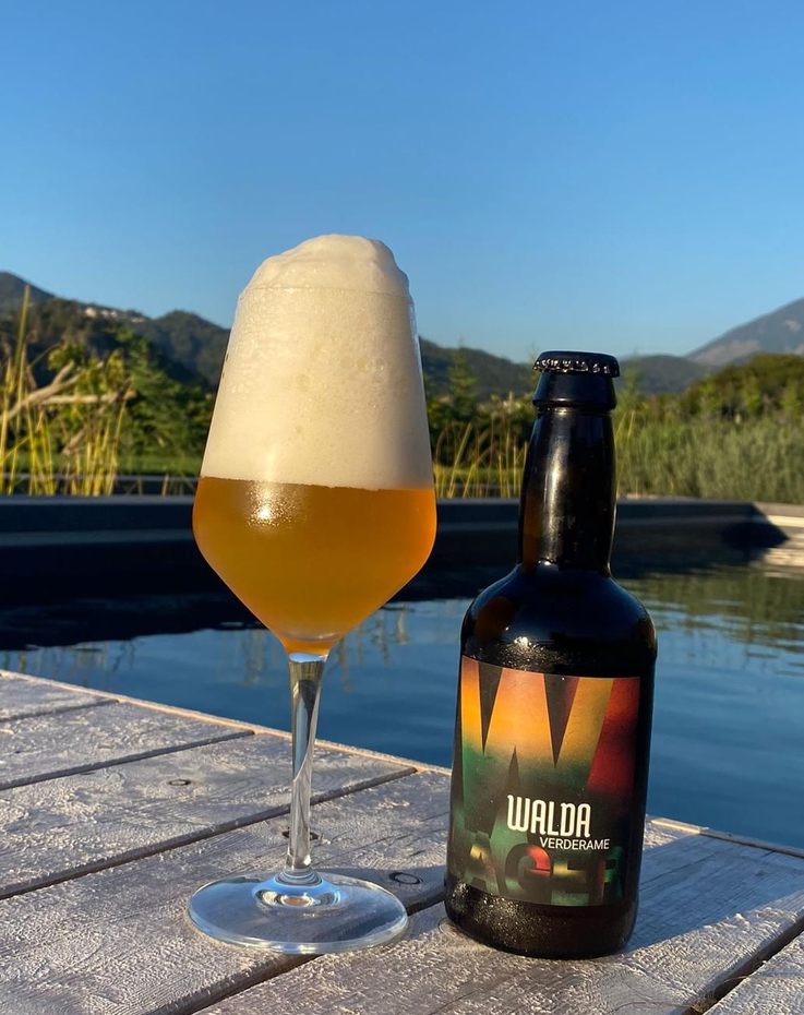 Un bicchiere di birra e una bottiglia su un tavolo, con montagne e cielo azzurro sullo sfondo.