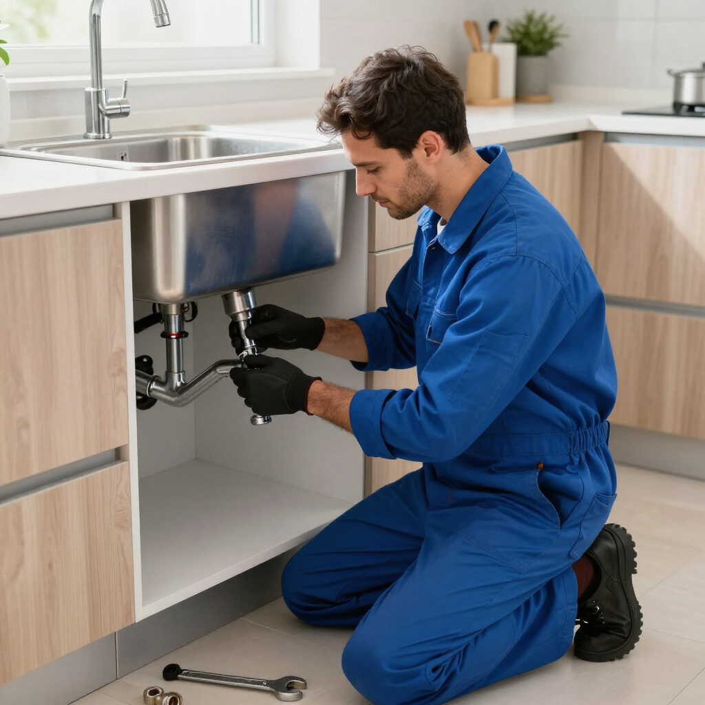 Fontanero con mono azul reparando la fontanería debajo del fregadero en una cocina luminosa.