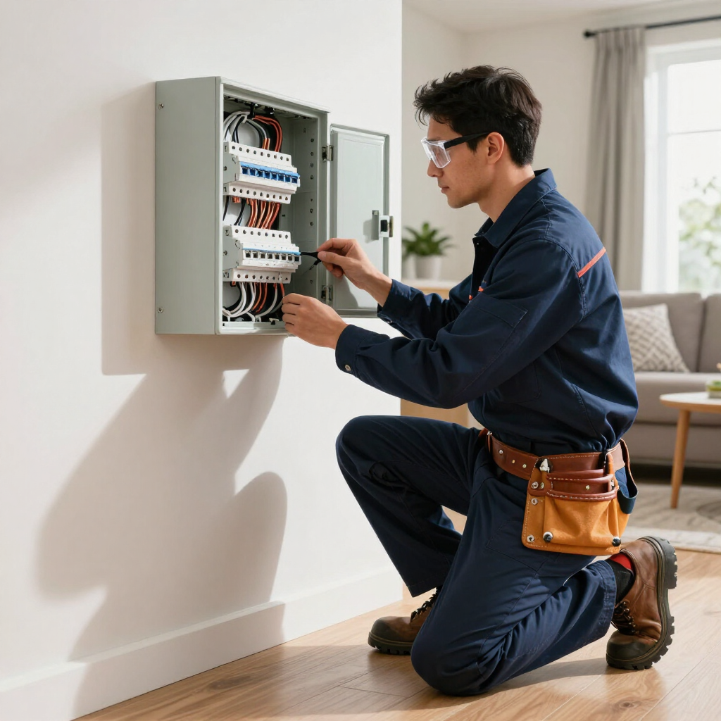 Electricista arrodillado junto a un panel de disyuntores abierto, realizando el cableado dentro de una habitación luminosa.