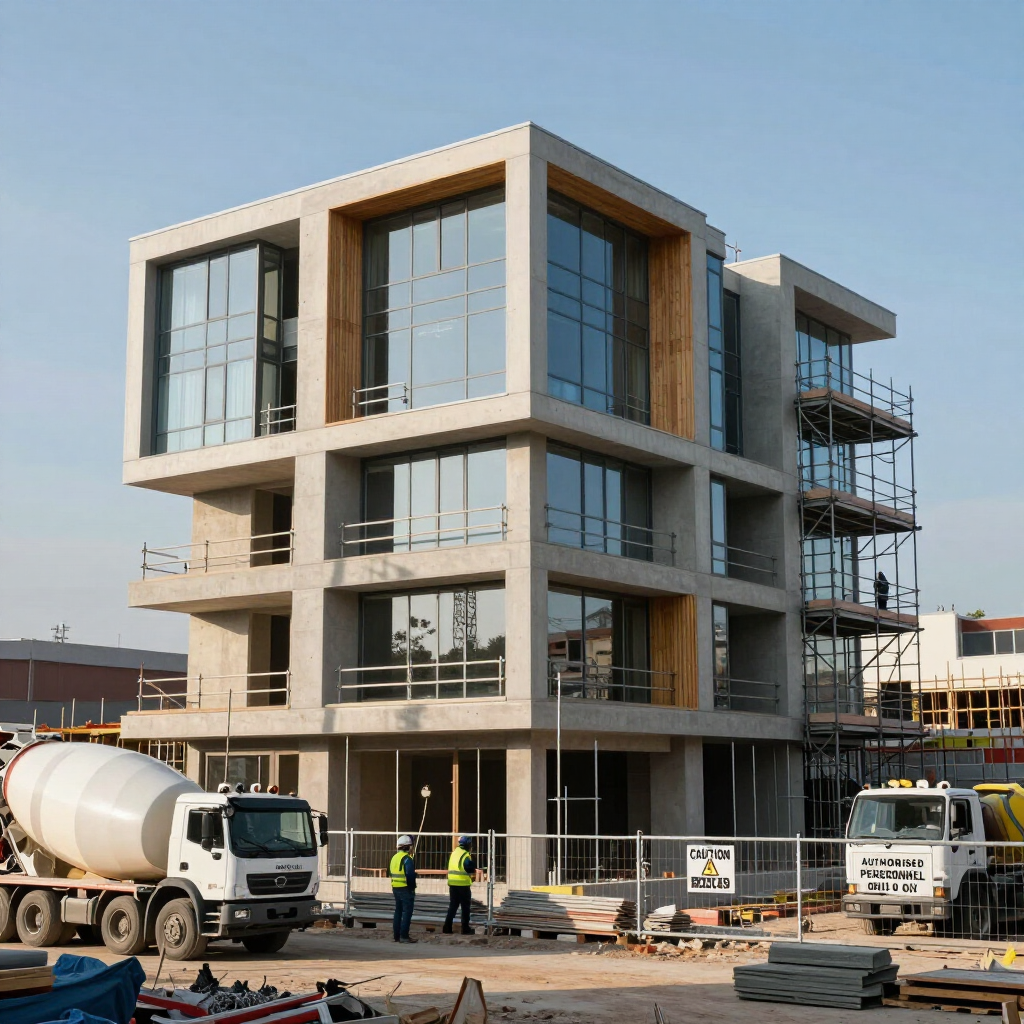 Edificio de oficinas moderno de cristal en construcción con trabajadores y camiones de cemento en la fachada.